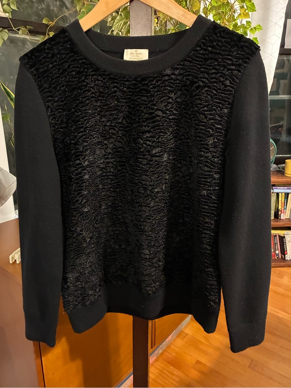 kate spade Black velvet ribbon knit Textured Front wool Sweater